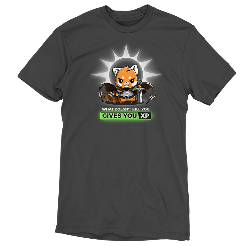A charcoal gray "What Doesn't Kill You Gives You XP" T-shirt by TeeTurtle with an image of a fox with a sun on it.