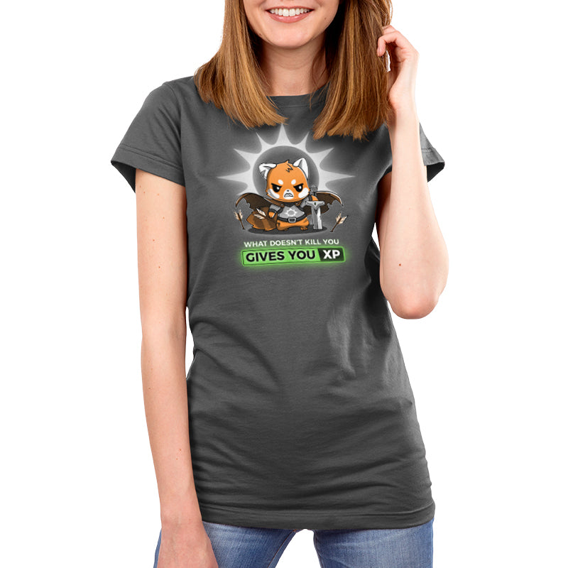 A women's charcoal gray t-shirt with an image of a raccoon from TeeTurtle's "What Doesn't Kill You Gives You XP" brand.