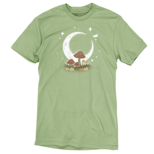 A dreamy TeeTurtle Wild Mushrooms t-shirt adorned with whimsical illustrations of wild mushrooms and a crescent moon.