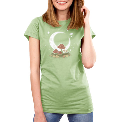 A dreamy Wild Mushrooms women's t-shirt adorned with a whimsical mushroom and crescent moon by TeeTurtle.