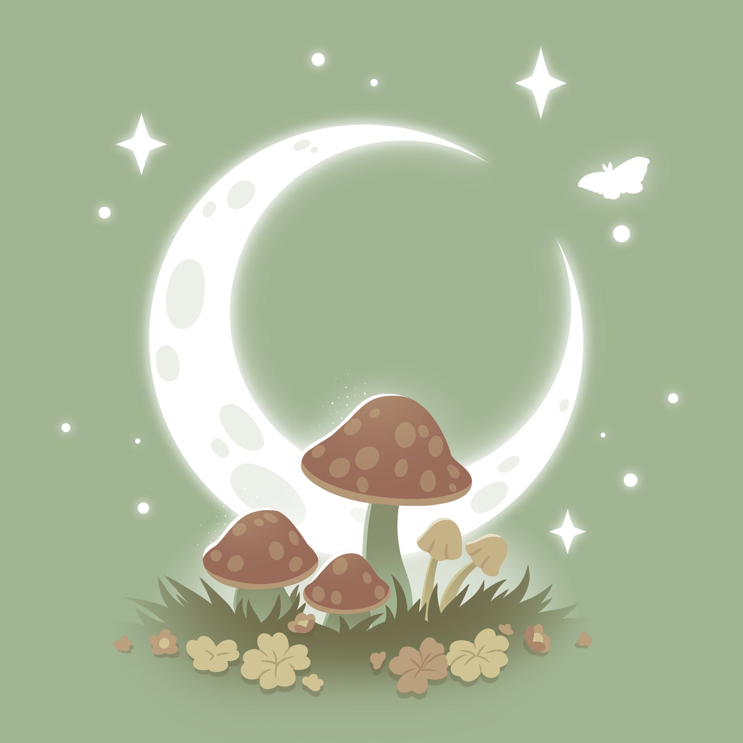 A cottagecore-inspired scene with a moon, TeeTurtle wild mushrooms, and sage on green grass.