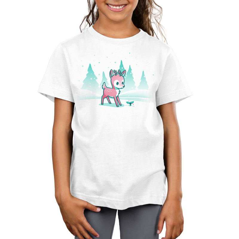 A TeeTurtle Winter Wonderland featuring a girl in a white t-shirt with a deer on it, creating a winter wonderland.