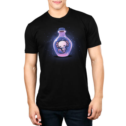 A man wearing a black t-shirt with an image of Wish in a Bottle, representing dreams and TeeTurtle.