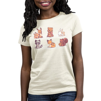 A woman wearing a comfortable Woodland Mamas women's t-shirt by TeeTurtle.