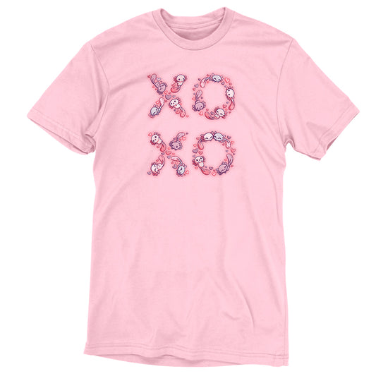 A pink Axolotls T-shirt with the word XOXO on it made of Ringspun Cotton.