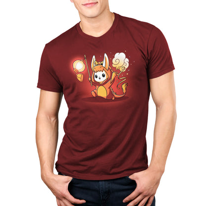A man wearing a TeeTurtle T-shirt with an image of a fox holding a torch during the New Year, promoting the Year of the Dragon Kigurumi.