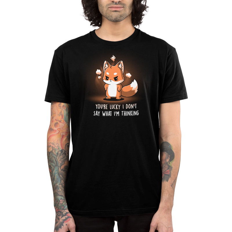 A "You're Lucky I Don’t Say What I’m Thinking" t-shirt featuring an image of a fox by TeeTurtle.