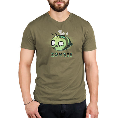 A man wearing a military green Zombee T-shirt by TeeTurtle.