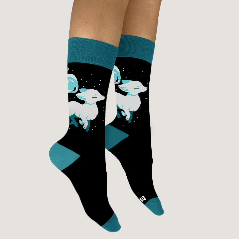 A comfortable pair of Ethereal Fox Socks with a blue owl, perfect for social occasions from TeeTurtle.