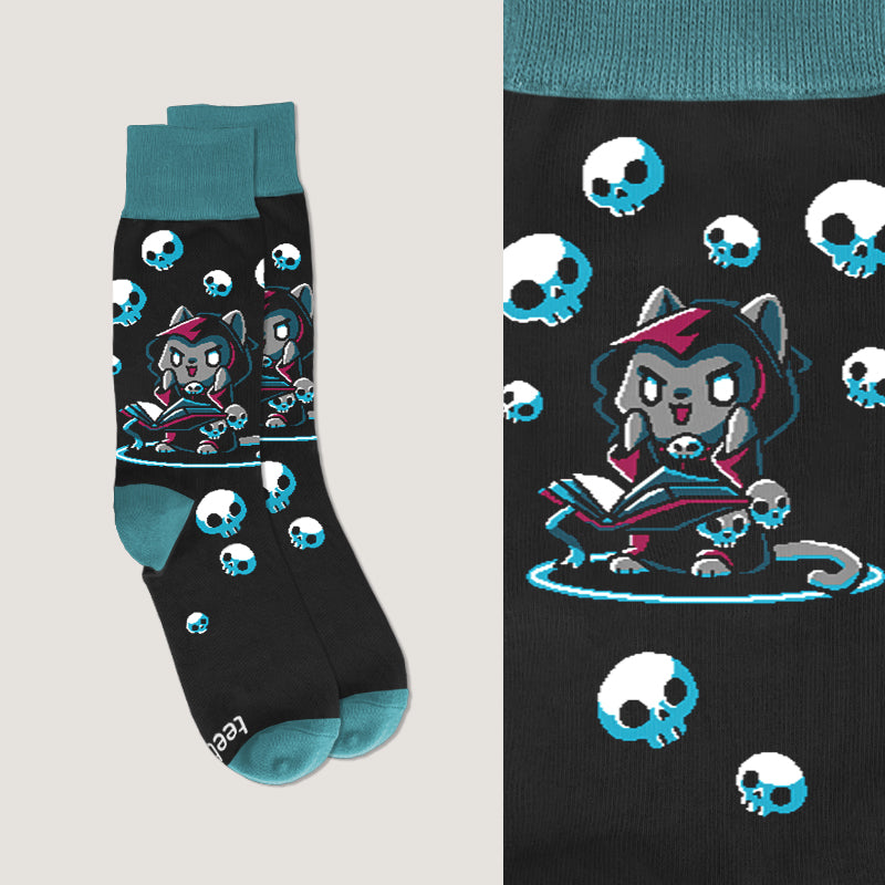 Comfortable Necromancer Kitty Socks with cat and skull designs in black/blue, available in one size fits all, by TeeTurtle.