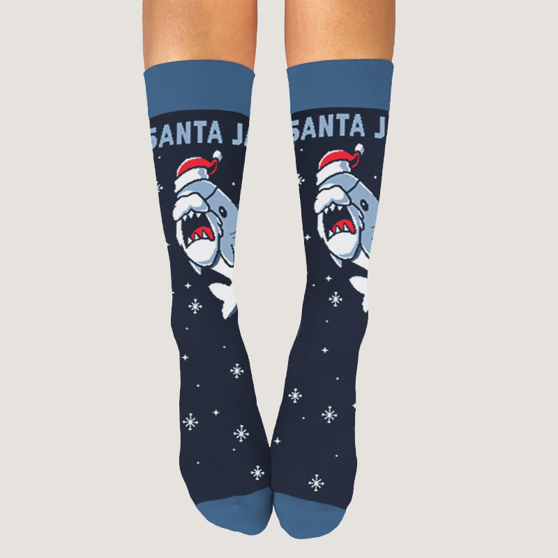 Navy blue cotton Santa Jaws socks featuring Santa Claus motif, available in one size fits all by TeeTurtle.
