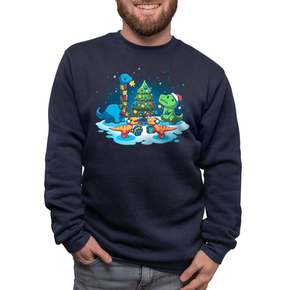 A man wearing a "A Very Dino Christmas" sweatshirt by TeeTurtle, making it a perfect gift for any fan of holiday-themed apparel or raptors.