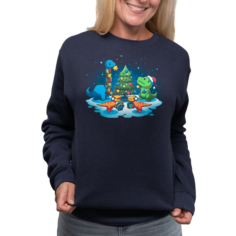 A TeeTurtle women's navy sweatshirt with a Christmas tree and animals, perfect as a gift, called "A Very Dino Christmas".