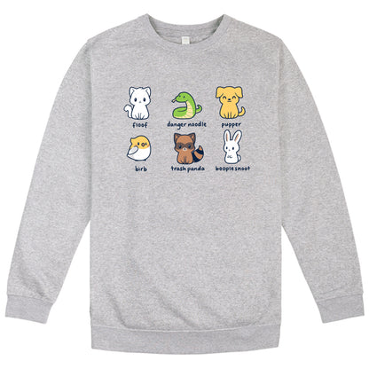A TeeTurtle Animal Names sweatshirt featuring different animals, including a danger noodle, in a grey floof design.