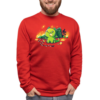 A man wearing a red sweatshirt with a TeeTurtle Christmas Dragon on it.