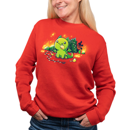 A woman wearing a red sweatshirt with a Christmas Dragon on it by TeeTurtle.