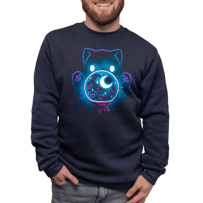 A man wearing a blue TeeTurtle Cosmic Kitty sweatshirt.