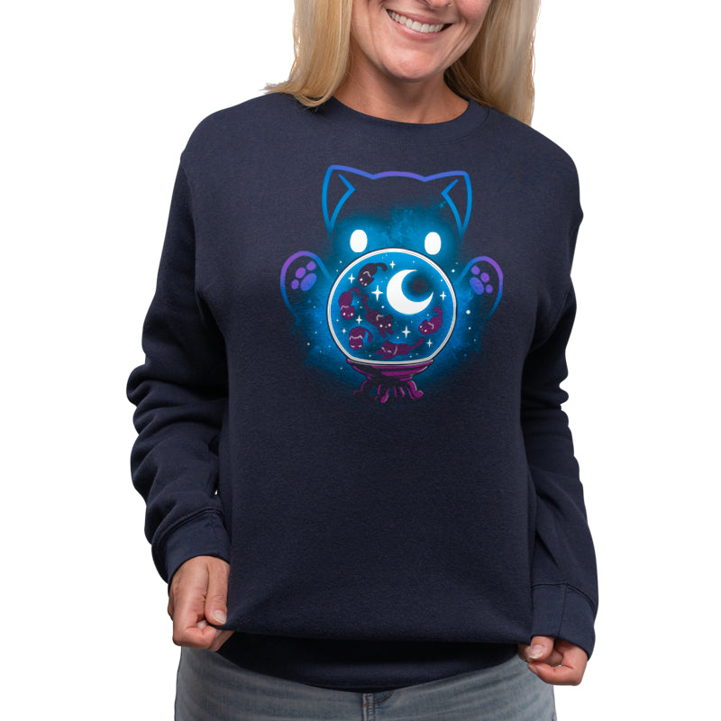 A woman wearing a sweatshirt with a TeeTurtle's Cosmic Kitty on it.