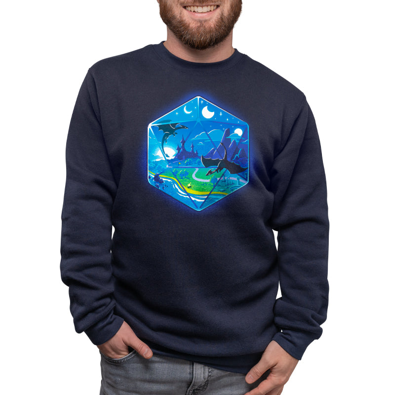 A man wearing a D20 Landscape sweatshirt by TeeTurtle with a blue sky and ocean in a fantasy world.
