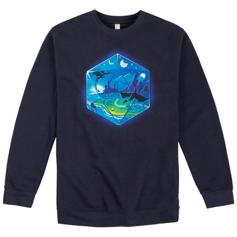 A TeeTurtle D20 Landscape sweatshirt with an image of the ocean and stars in a fantasy world.