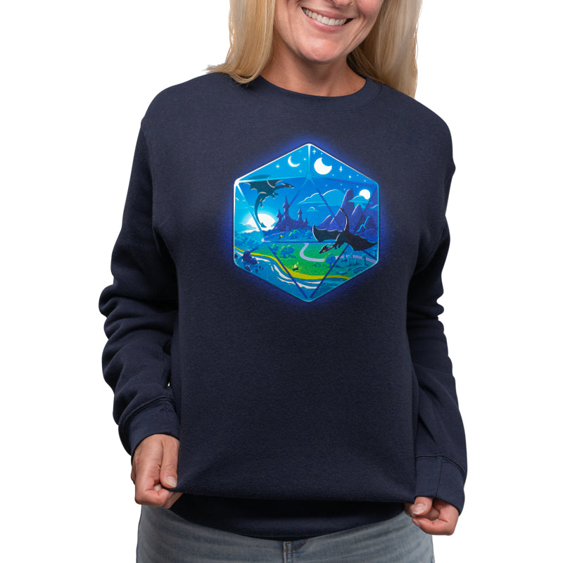 A woman wearing a navy blue D20 Landscape sweatshirt by TeeTurtle with an image of the ocean.