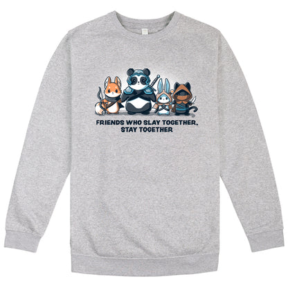 A grey Friends Who Slay Together, Stay Together sweatshirt featuring a panda and a bear design by TeeTurtle.