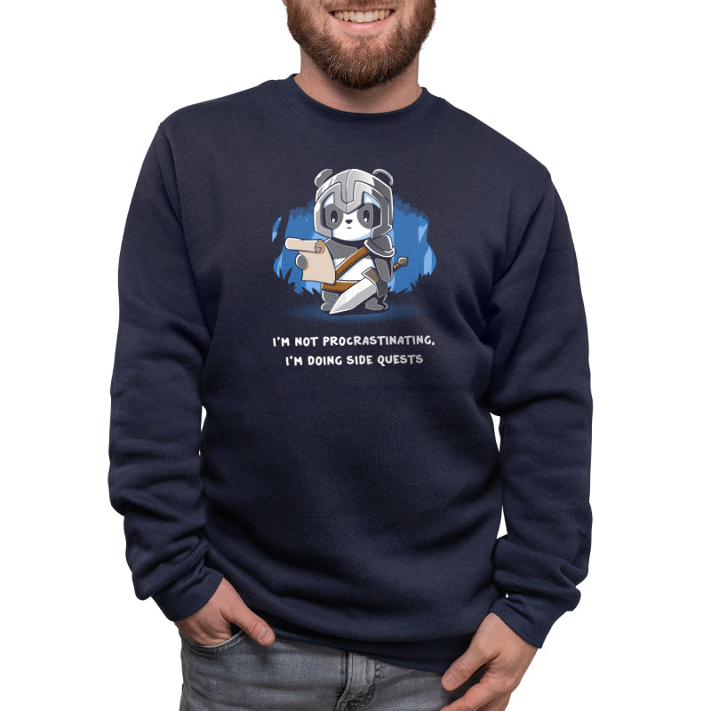 A man wearing a TeeTurtle sweatshirt with the words "I'm Doing Side Quests" seeks to pay off his debts.