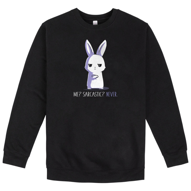 A black sweatshirt with an image of a rabbit called "Me? Sarcastic? Never." from the brand TeeTurtle.