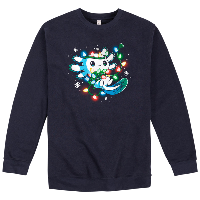 A navy sweatshirt with an image of a Tangled Up Axolotl adorned with Christmas lights, perfect for all TeeTurtle fans.