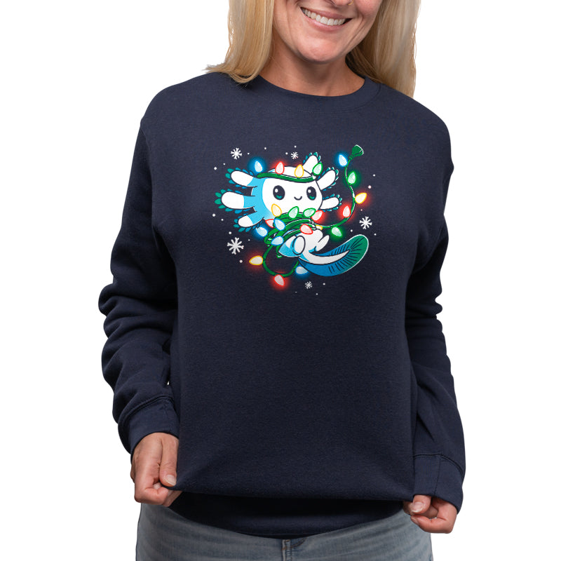 A women's Tangled Up Axolotl sweatshirt with a Christmas owl on it made by TeeTurtle.