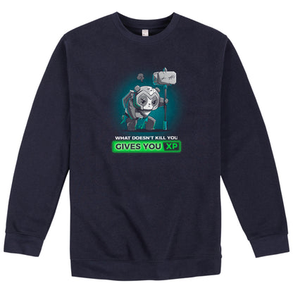 A TeeTurtle "What Doesn’t Kill You Gives You XP" navy sweatshirt featuring an image of a robot.