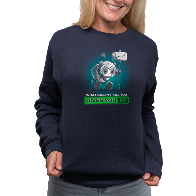 A woman wearing a TeeTurtle What Doesn’t Kill You Gives You XP sweatshirt hosts a tabletop game night filled with XP.