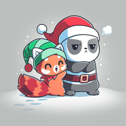 A panda bear and an elf wearing Santa hats on a comfortable Santa Hug T-shirt by TeeTurtle.