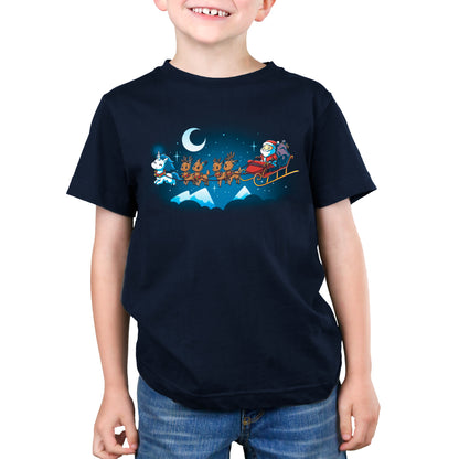 Santa Claus and his reindeer - TeeTurtle's "Santa's Favorite Unicorn" navy blue t-shirt for kids.