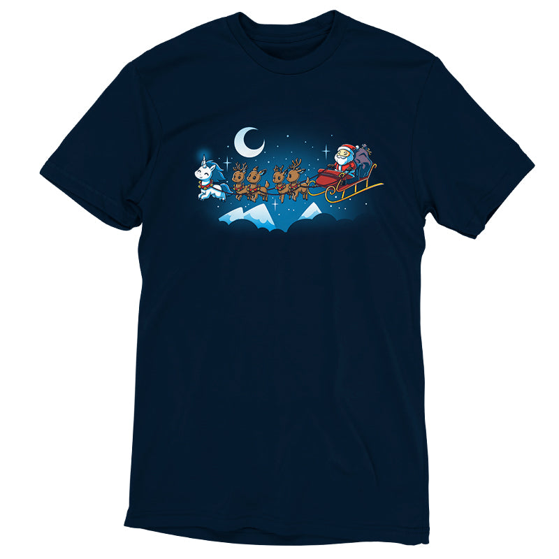 A navy blue Santa's Favorite Unicorn t-shirt featuring a whimsical Santa Claus flying in the sky from TeeTurtle.