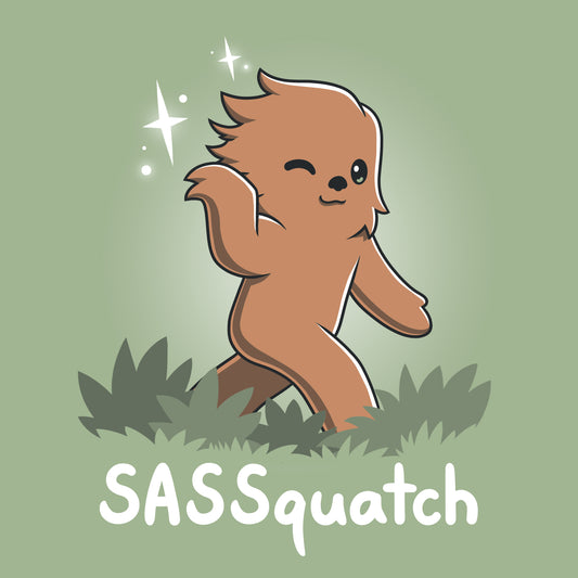 A cartoon illustration of a sassy sasquatch winking and posing on a TeeTurtle unisex tee, with the pun 