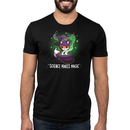 A man wearing a Science Makes Magic black t-shirt from TeeTurtle.