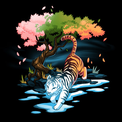 A Bengal tiger sprinting through a serene stream, beside a majestic tree adorning the TeeTurtle Season Keeper t-shirt.