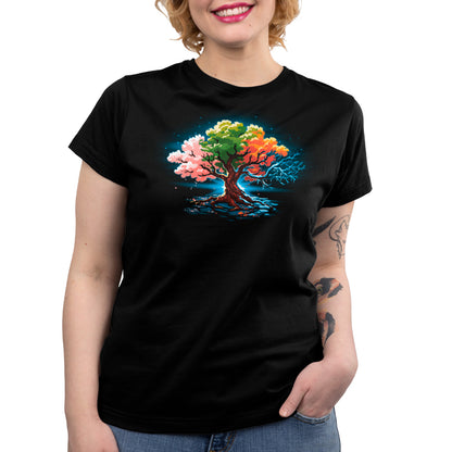 A TeeTurtle original women's black t-shirt featuring the Seasonal Tree, symbolizing a change of seasons.