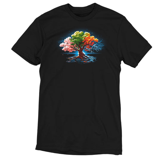 A Seasonal Tree design printed on a TeeTurtle black t-shirt.