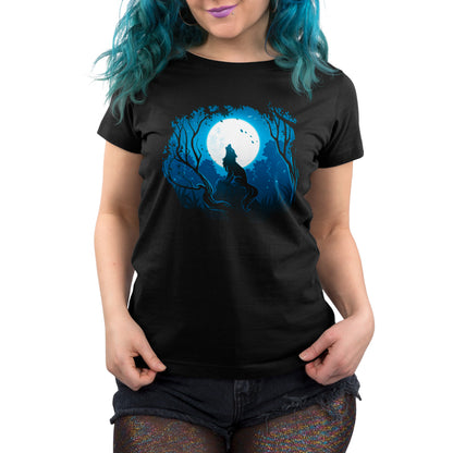 A woman wearing a TeeTurtle Moonlight Wolf black T-shirt.