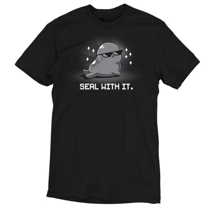 Premium Cotton T-shirt_Teeturtle Seal With It. Black Featuring a smug, sunglasses-wearing seal surrounded by sparkling diamonds with 'Seal with it.' written beneath.