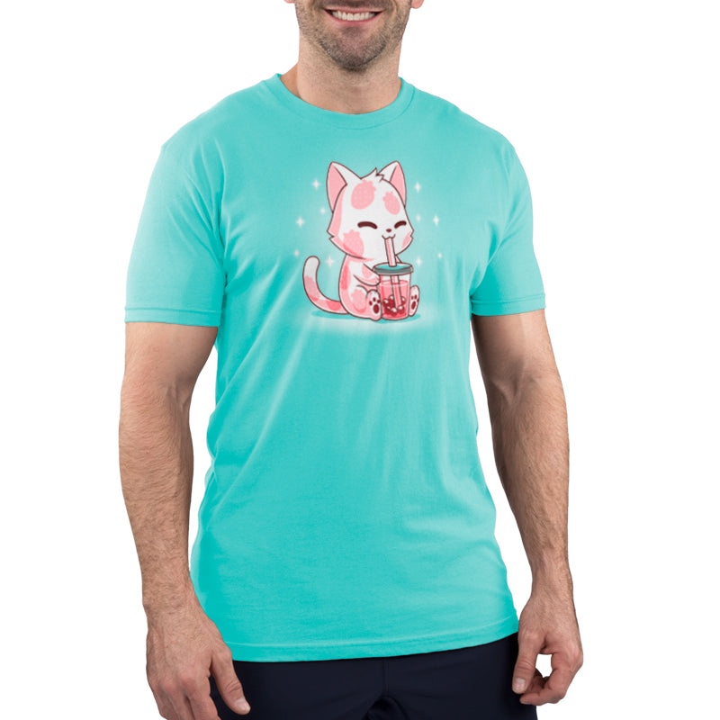 A man wearing a Strawberry Boba Cat T-shirt by TeeTurtle made of soft ringspun cotton.