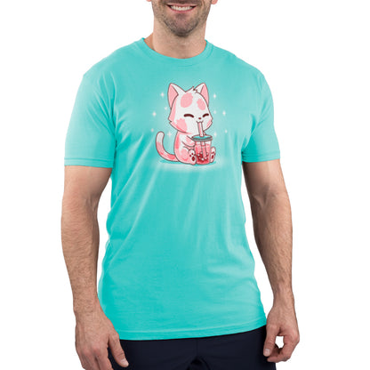 A man wearing a Strawberry Boba Cat T-shirt by TeeTurtle made of soft ringspun cotton.