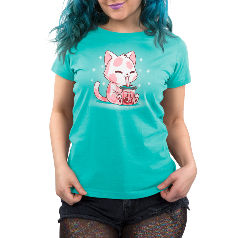 A woman wearing a Strawberry Boba Cat T-shirt by TeeTurtle.