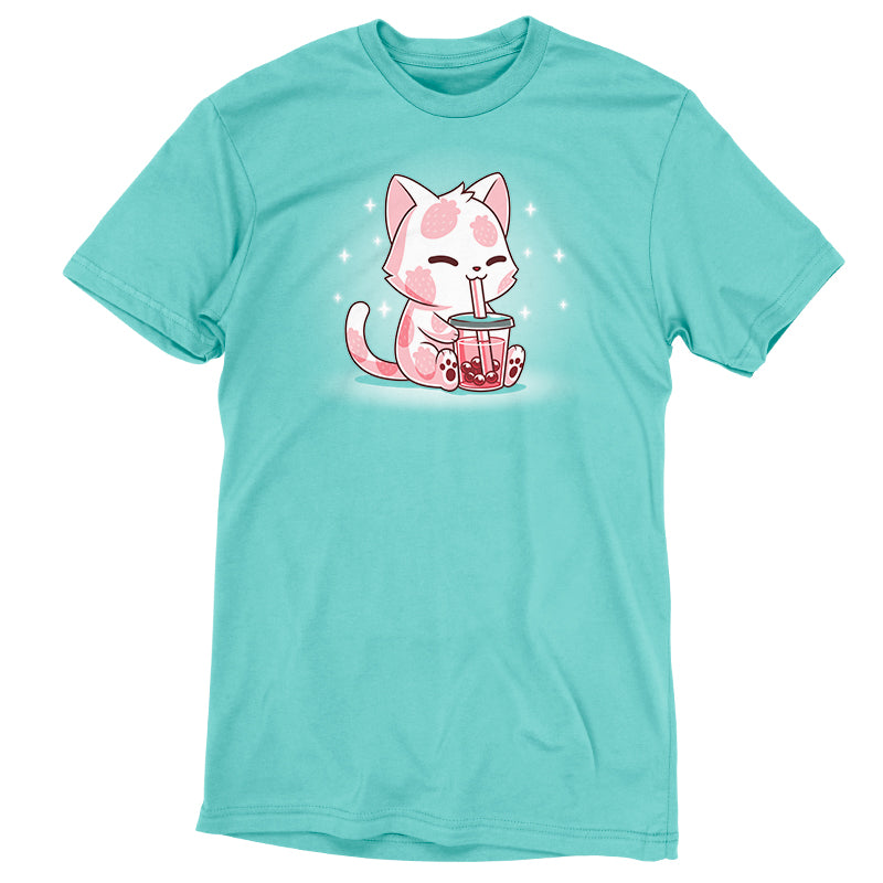 An original TeeTurtle Strawberry Boba Cat t-shirt featuring a strawberry boba cat.