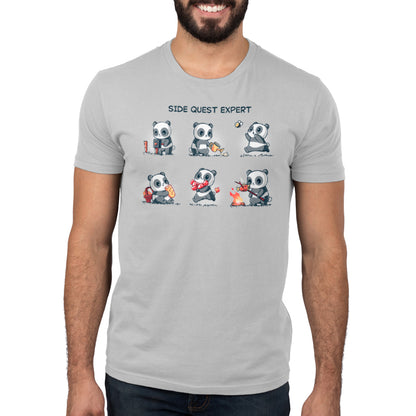 A TeeTurtle Side Quest Expert men's silver t-shirt featuring a panda bear.