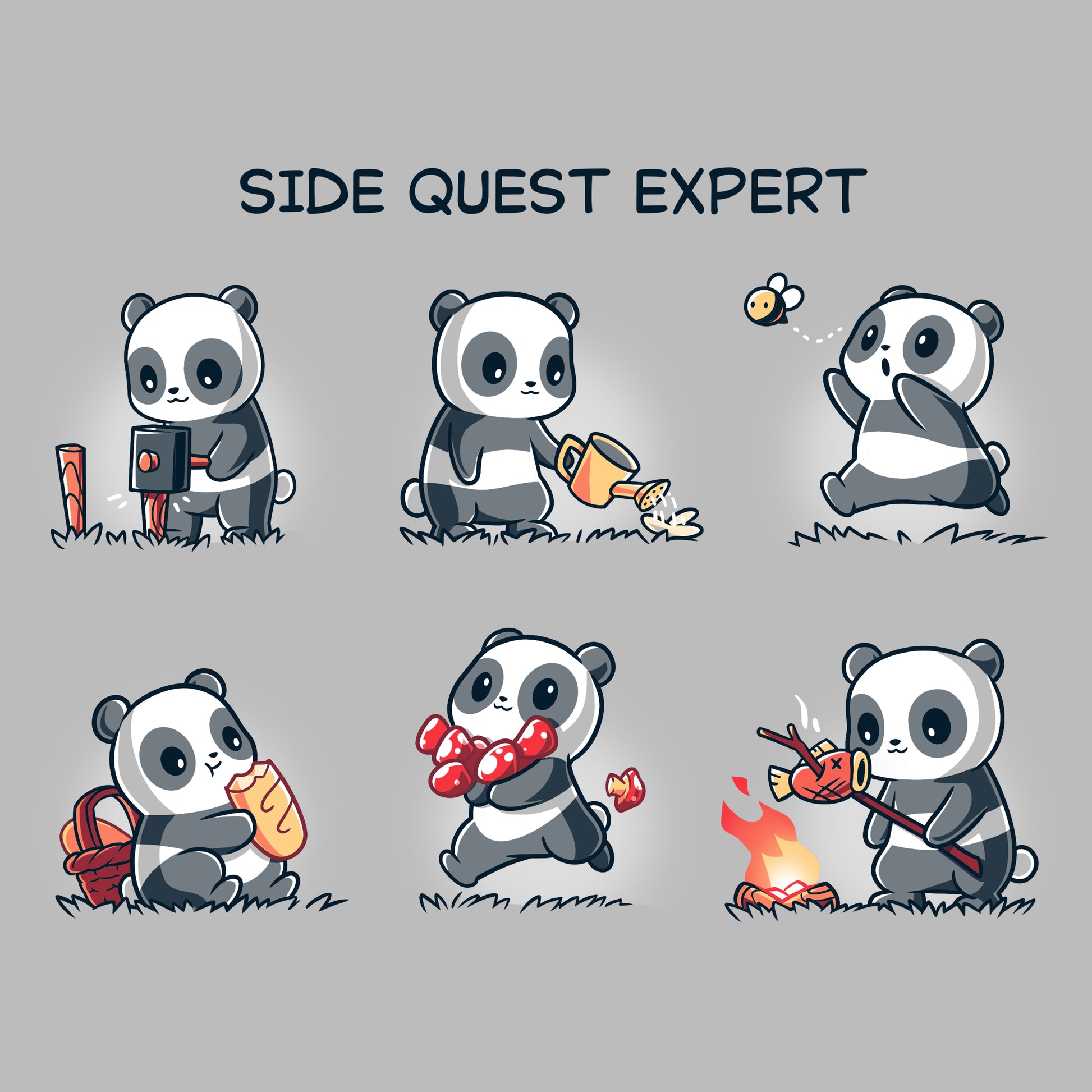 A panda bear in different poses wearing a T-shirt and holding flowers, showcasing its status as a TeeTurtle Side Quest Expert.