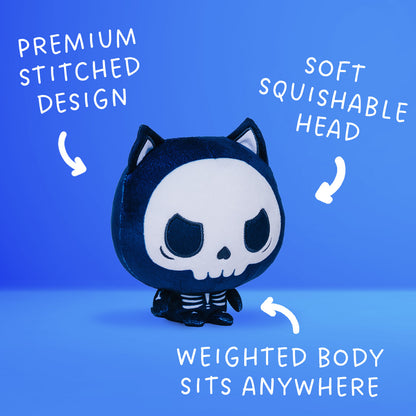Cloudheads: 5" Skeleton Cat (Skelly) is a cat skeleton Cloudheads plushie. The skull face has a grumpy look to it. It's turned to the side and has text that says "premium stitched design," "soft squishable head," and "weighted body sits anywhere" with arrows pointing to the plushie. 
