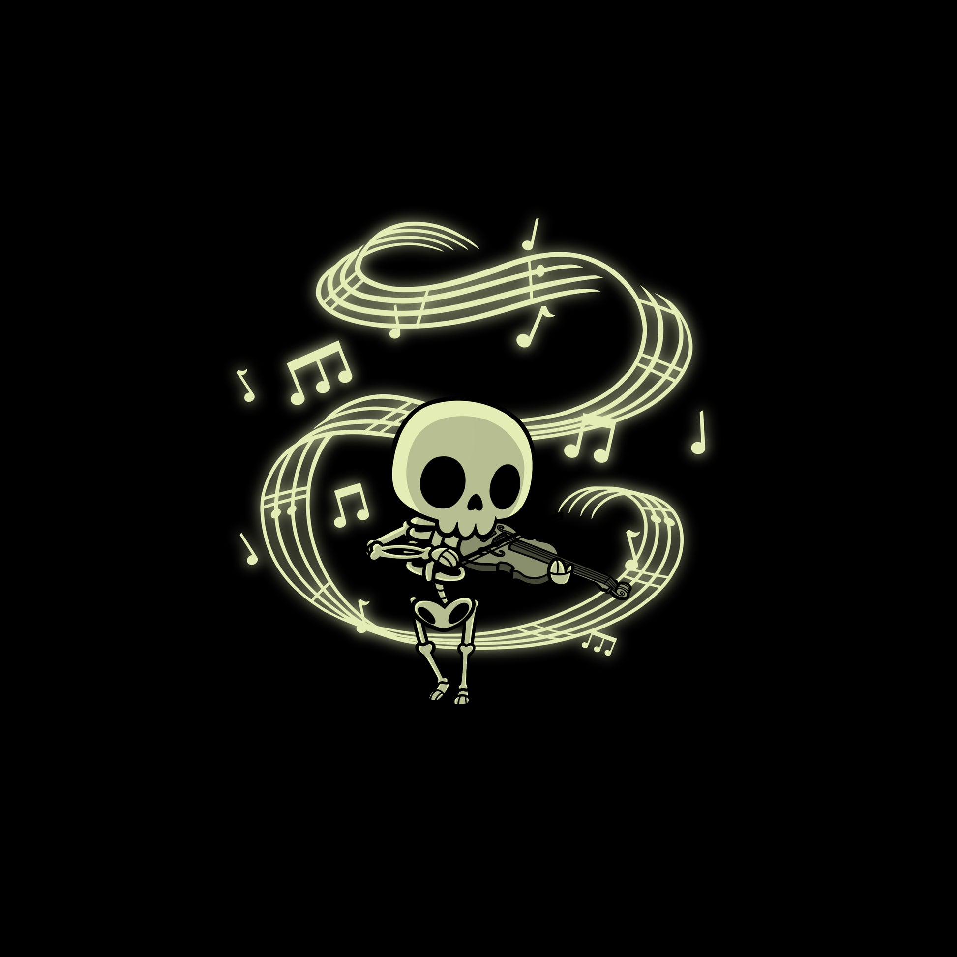 A TeeTurtle Skulls and Soundwaves (Glow) featuring a skeletal maestro playing a violin on a black background.